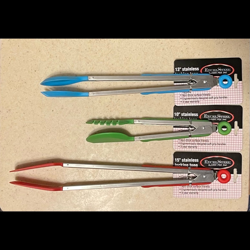 Excel Steel By Cook Pro Inc 3 Piece Locking Tong Set, 20”, 13”, 15” NEW.